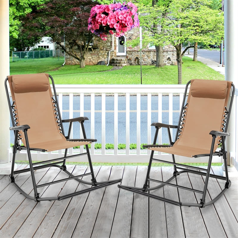 2PCS Patio Folding Rocking Chairs High Back Outdoor Rockers Camping Chairs with Pillows, Armrests & Footrests