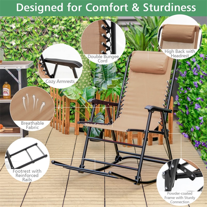 Outdoor Folding Rocking Chair Zero Gravity Patio Rocker High Back Camping Chair with Headrest, Ergonomic Armrests & Footrest