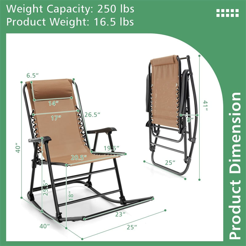 Outdoor Folding Rocking Chair Zero Gravity Patio Rocker High Back Camping Chair with Headrest, Ergonomic Armrests & Footrest