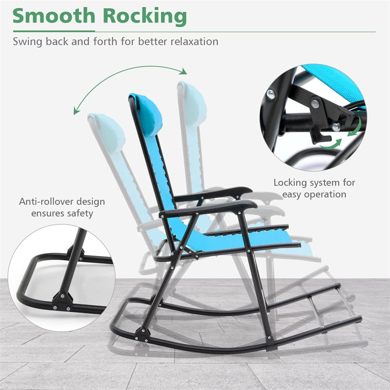 Zero Gravity Rocking Chair, Folding Camping Rocker with Headrest, Cozy Armrests & Footrest, Portable High Back Lawn Chair for Garden Patio