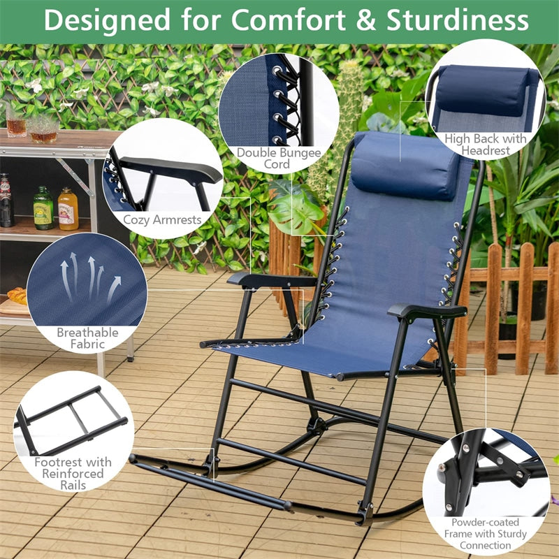 Zero Gravity Rocking Chair, Folding Camping Rocker with Headrest, Cozy Armrests & Footrest, Portable High Back Lawn Chair for Garden Patio