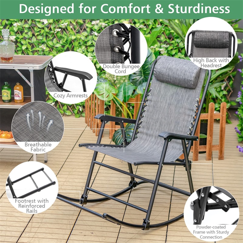 Zero Gravity Rocking Chair, Folding Camping Rocker with Headrest, Cozy Armrests & Footrest, Portable High Back Lawn Chair for Garden Patio