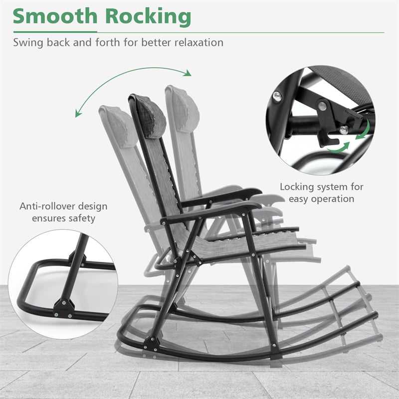 Outdoor Folding Rocking Chair Zero Gravity Patio Rocker High Back Camping Chair with Headrest, Ergonomic Armrests & Footrest