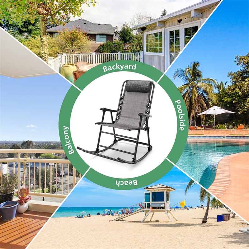 Outdoor Folding Rocking Chair Zero Gravity Patio Rocker High Back Camping Chair with Headrest, Ergonomic Armrests & Footrest