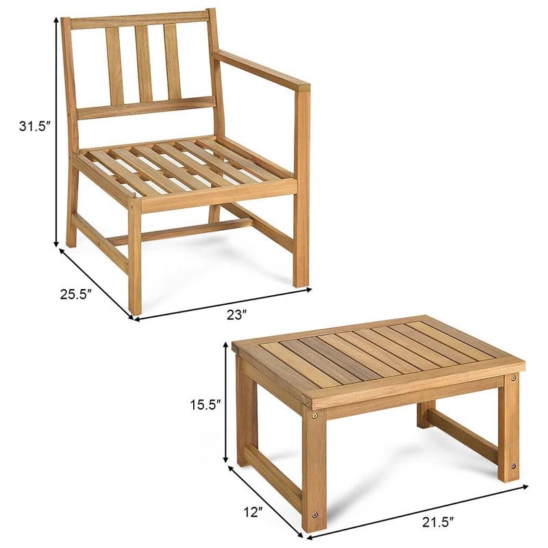 3 in 1 Patio Acacia Wood Loveseat Outdoor Chairs with Coffee Table & Cushions