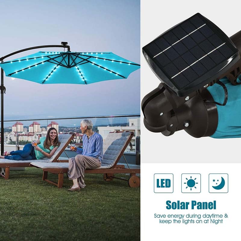 10FT Hanging Solar LED Umbrella Offset Patio Umbrella Outdoor Cantilever Umbrella Steel Market Umbrella with 40 Lights, Crank & Cross Base