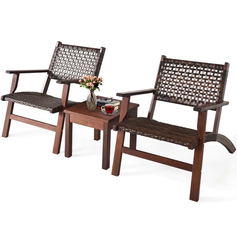 3pcs Outdoor Wicker Bistro Set Wooden Frame Rattan Conversation Set with Solid Wood Coffee Table