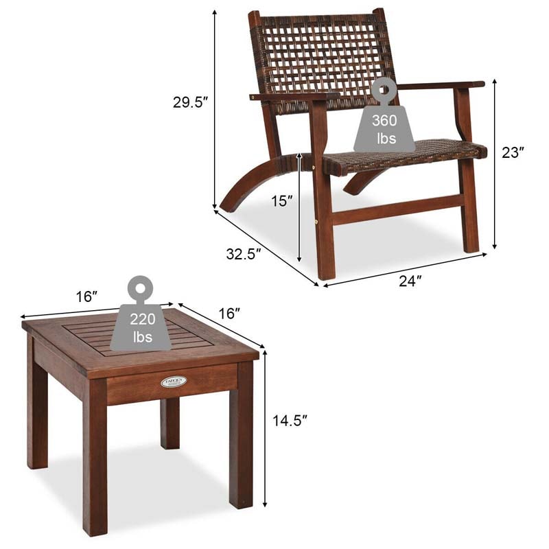 3pcs Outdoor Wicker Bistro Set Wooden Frame Rattan Conversation Set with Solid Wood Coffee Table