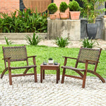 3pcs Outdoor Wicker Bistro Set Wooden Frame Rattan Conversation Set with Solid Wood Coffee Table