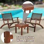 3pcs Outdoor Wicker Bistro Set Wooden Frame Rattan Conversation Set with Solid Wood Coffee Table