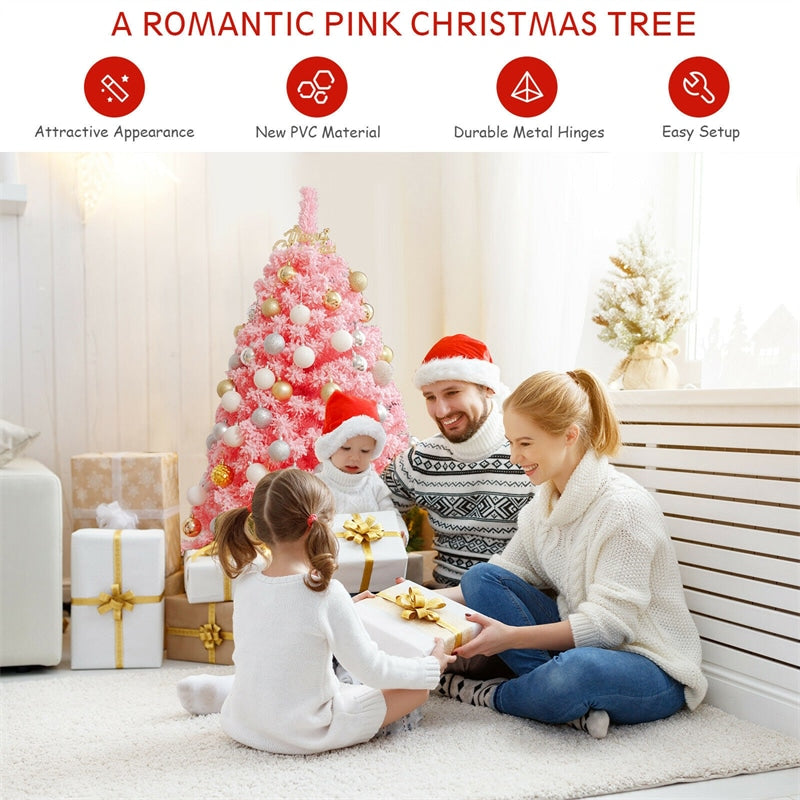 4.5FT Pink Christmas Tree Hinged Flocked Artificial Xmas Tree PVC Branch Tips with Metal Stand