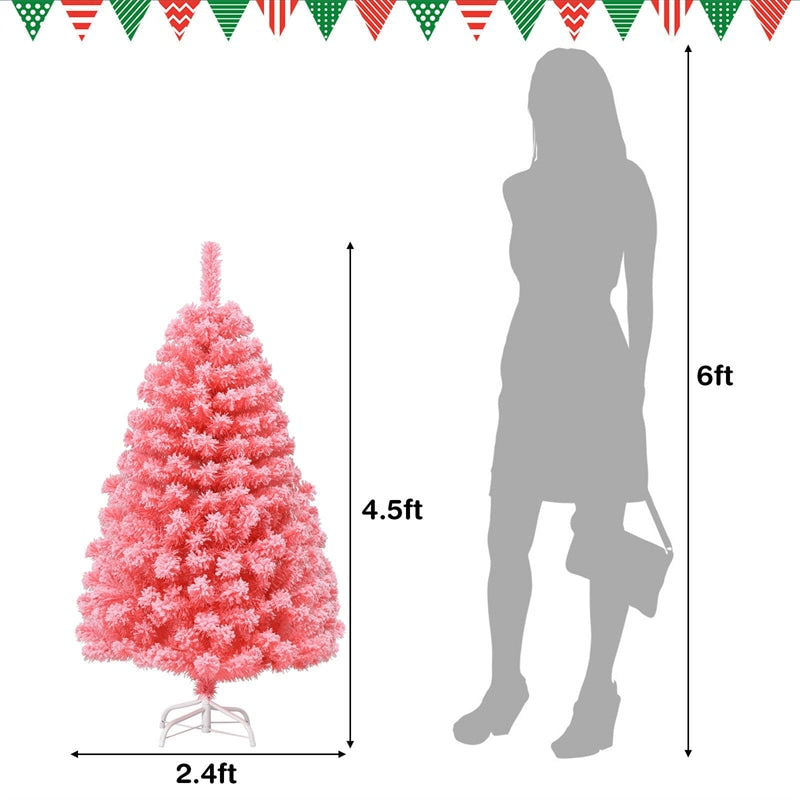 4.5FT Pink Snow Flocked Christmas Tree, Unlit Hinged Artificial Tree with 348 PVC Branch Tips & Metal Stand for Indoor Holiday Decor