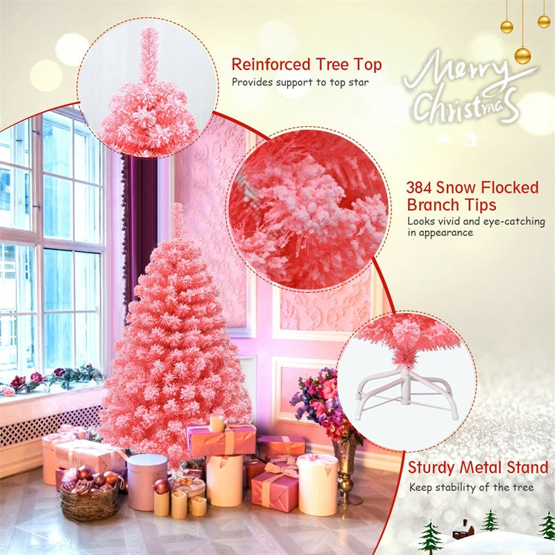 4.5FT Pink Snow Flocked Christmas Tree, Unlit Hinged Artificial Tree with 348 PVC Branch Tips & Metal Stand for Indoor Holiday Decor