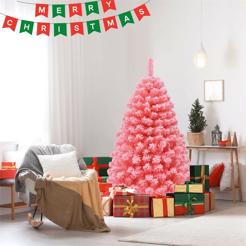 4.5FT Pink Christmas Tree Hinged Flocked Artificial Xmas Tree PVC Branch Tips with Metal Stand