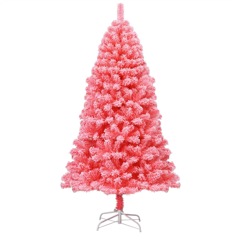 6.5FT Pink Snow Flocked Christmas Tree Hinged Artificial Xmas Tree with 884 PVC Branch Tips & Folding Metal Stand for Indoor Holiday Decor