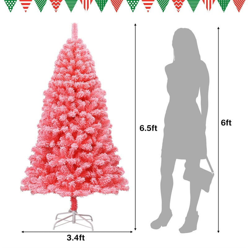 6.5FT Pink Snow Flocked Christmas Tree Hinged Artificial Xmas Tree with 884 PVC Branch Tips & Folding Metal Stand for Indoor Holiday Decor