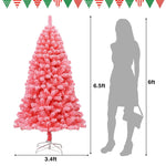 6.5FT Pink Snow Flocked Christmas Tree Hinged Artificial Xmas Tree with 884 PVC Branch Tips & Folding Metal Stand for Indoor Holiday Decor