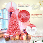 6.5FT Pink Snow Flocked Christmas Tree Hinged Artificial Xmas Tree with 884 PVC Branch Tips & Folding Metal Stand for Indoor Holiday Decor