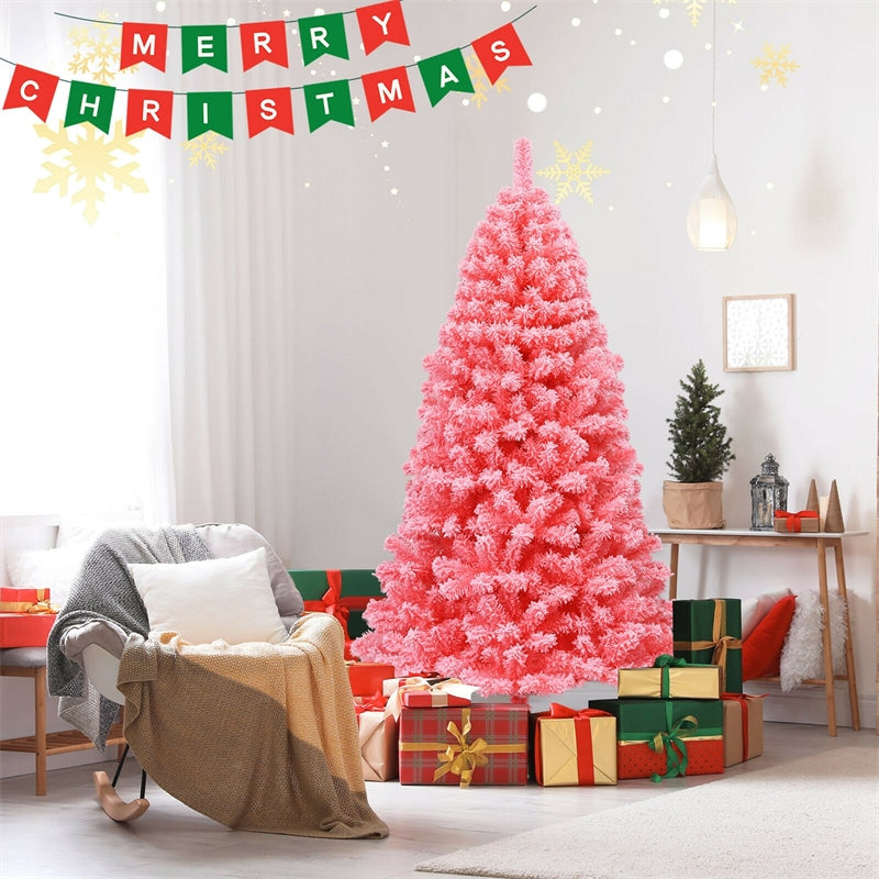 6.5FT Pink Snow Flocked Christmas Tree Hinged Artificial Xmas Tree with 884 PVC Branch Tips & Folding Metal Stand for Indoor Holiday Decor