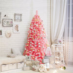 6.5FT Pink Snow Flocked Christmas Tree Hinged Artificial Xmas Tree with 884 PVC Branch Tips & Folding Metal Stand for Indoor Holiday Decor