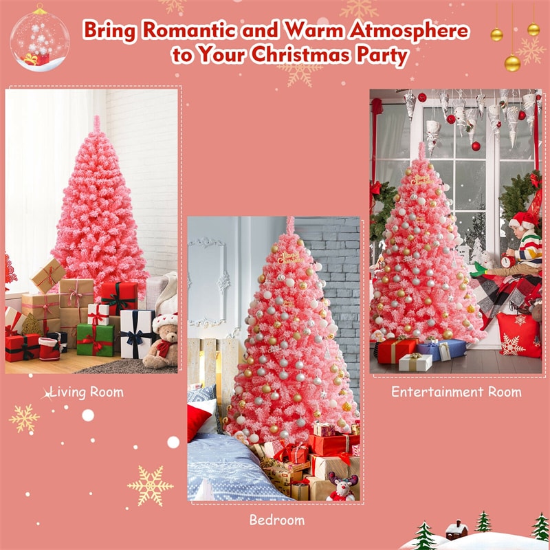 6.5FT Pink Snow Flocked Christmas Tree Hinged Artificial Xmas Tree with 884 PVC Branch Tips & Folding Metal Stand for Indoor Holiday Decor