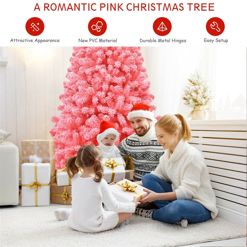 7.5FT Pink Snow Flocked Christmas Tree Hinged Artificial Xmas Tree with 1364 PVC Branch Tips & Folding Metal Stand for Indoor Holiday Decor