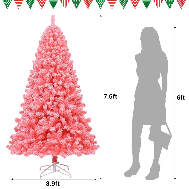 7.5FT Pink Snow Flocked Christmas Tree Hinged Artificial Xmas Tree with 1364 PVC Branch Tips & Folding Metal Stand for Indoor Holiday Decor