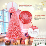 7.5FT Pink Snow Flocked Christmas Tree Hinged Artificial Xmas Tree with 1364 PVC Branch Tips & Folding Metal Stand for Indoor Holiday Decor