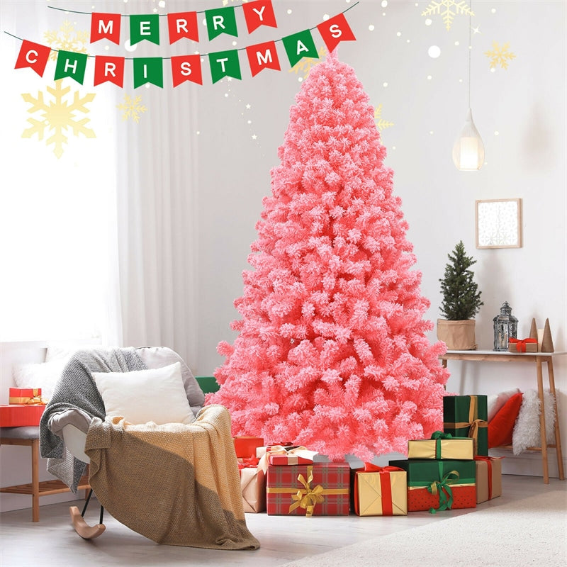 7.5FT Pink Snow Flocked Christmas Tree Hinged Artificial Xmas Tree with 1364 PVC Branch Tips & Folding Metal Stand for Indoor Holiday Decor