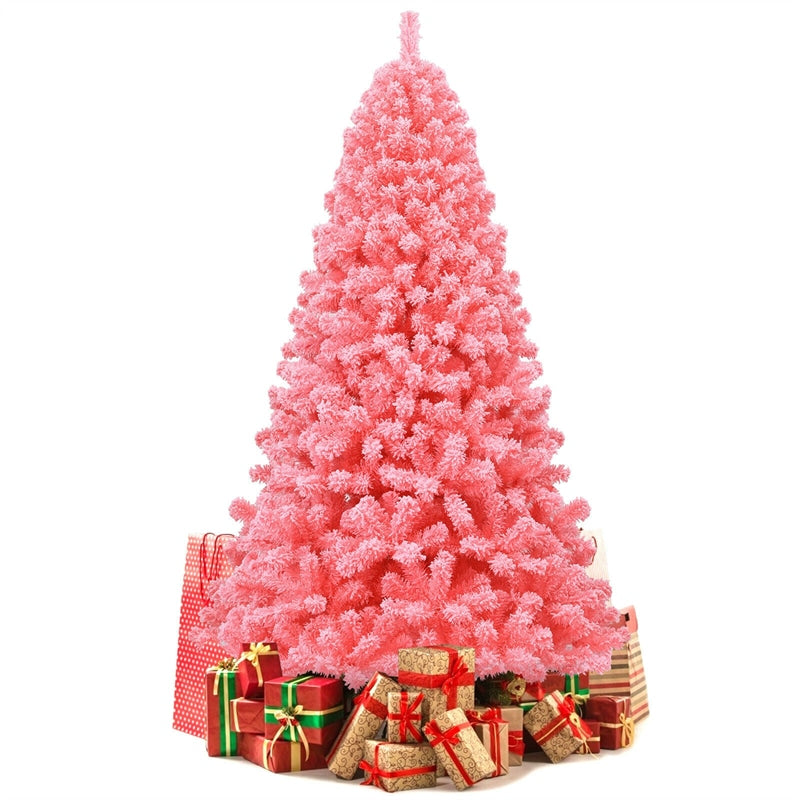 7.5FT Pink Snow Flocked Christmas Tree Hinged Artificial Xmas Tree with 1364 PVC Branch Tips & Folding Metal Stand for Indoor Holiday Decor