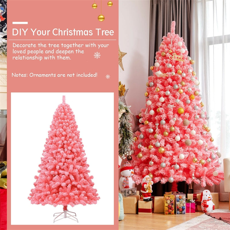 7.5FT Pink Snow Flocked Christmas Tree Hinged Artificial Xmas Tree with 1364 PVC Branch Tips & Folding Metal Stand for Indoor Holiday Decor