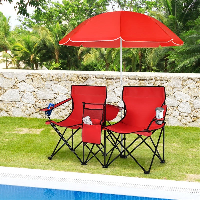 Portable Double Folding Picnic Chair with Umbrella & Mini Table