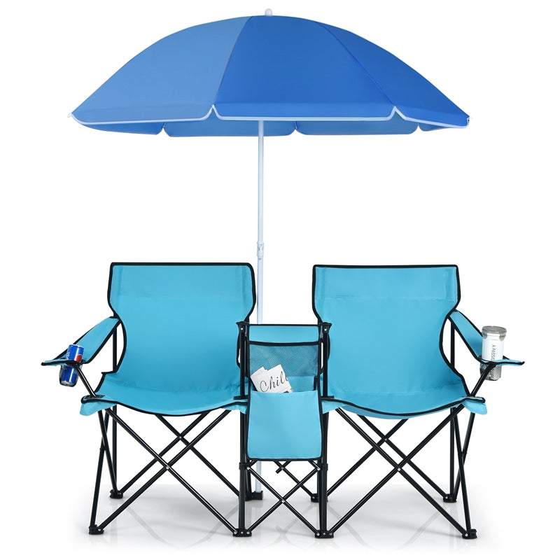 Portable Double Folding Picnic Chair with Umbrella & Mini Table