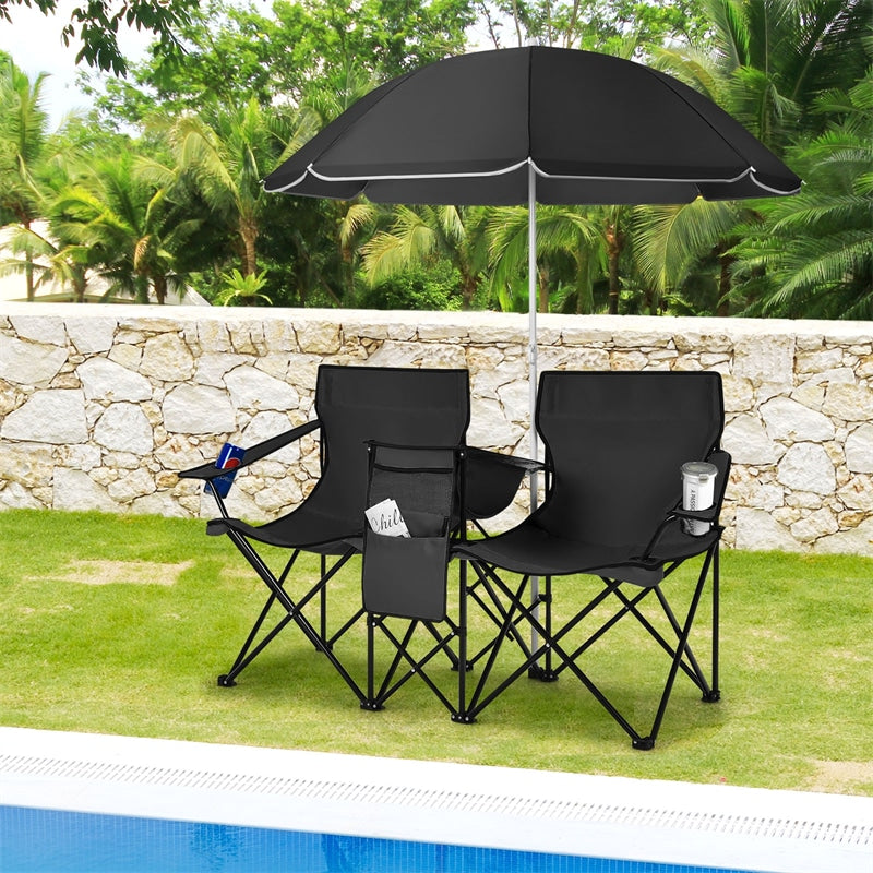 Portable Double Folding Picnic Chair with Umbrella & Mini Table