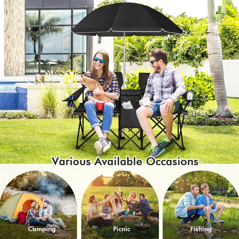 Portable Double Folding Picnic Chair with Umbrella & Mini Table