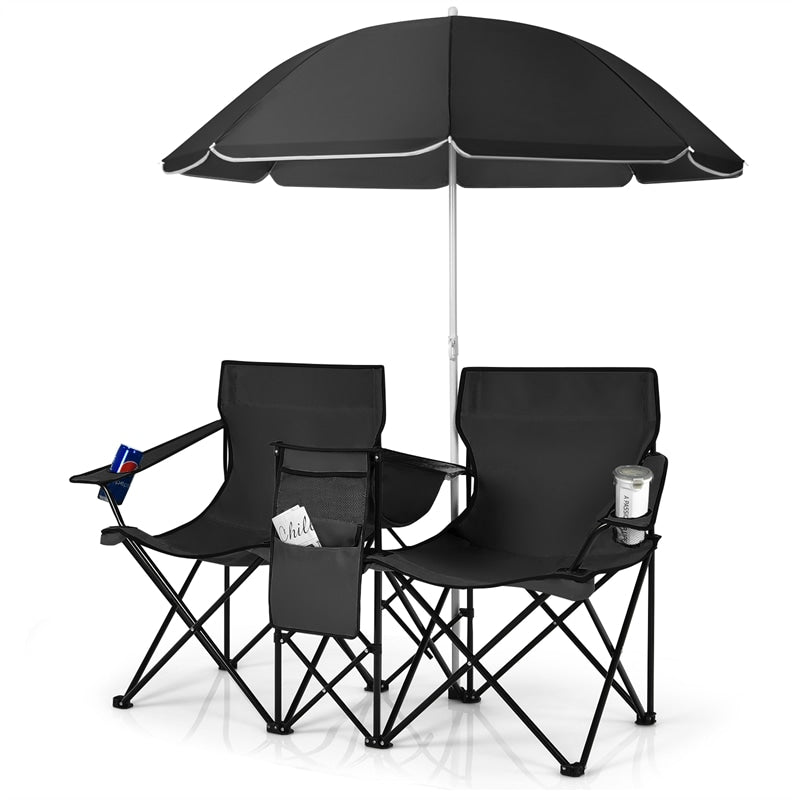 Portable Double Folding Picnic Chair with Umbrella & Mini Table