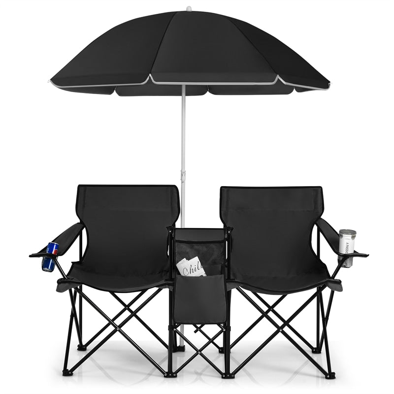 Portable Double Folding Picnic Chair with Umbrella & Mini Table