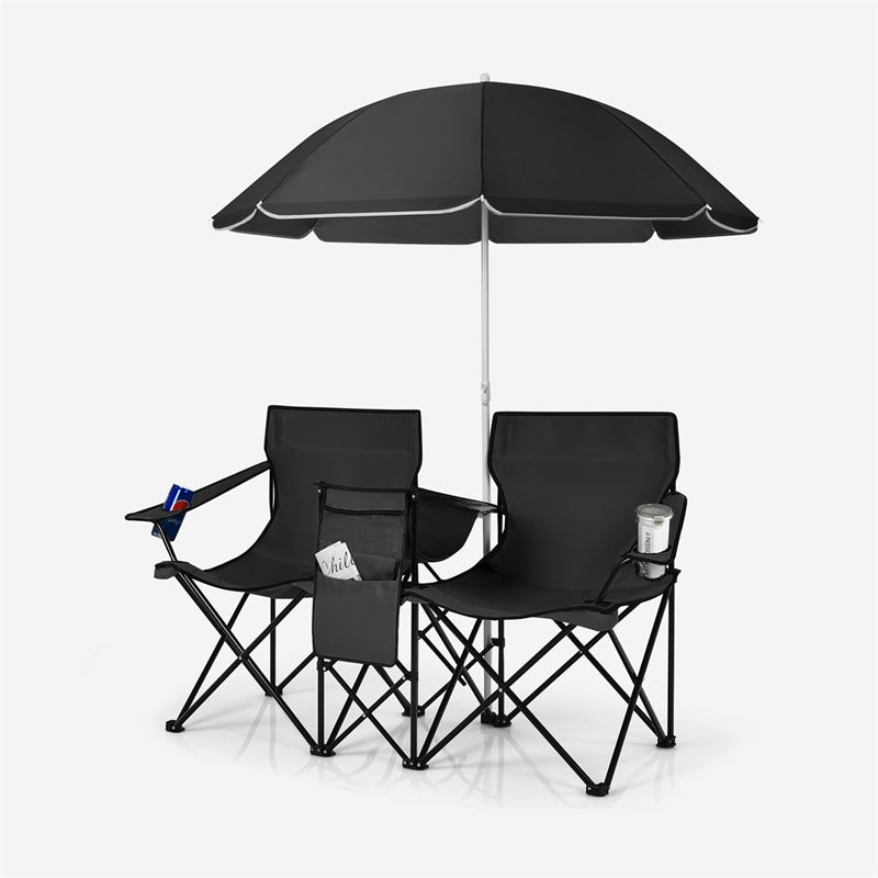 Portable Double Folding Picnic Chair with Umbrella & Mini Table