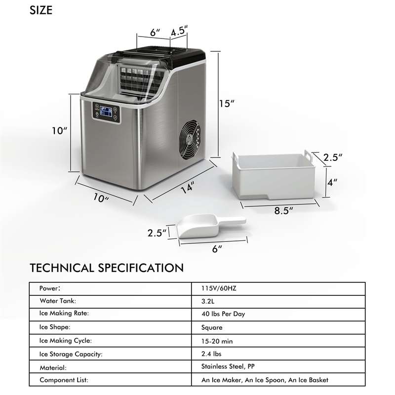 Countertop Ice Maker 40LBS/24H Small Portable Ice Maker Machine with Top Inlet Hole & Ice Scoop Basket