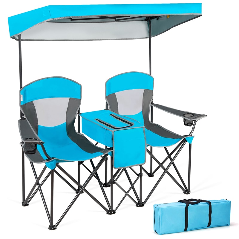 Folding Double Camping Chairs Portable Beach Chairs Lawn Chairs with Canopy Shade, Cup Holder & Carry Bag