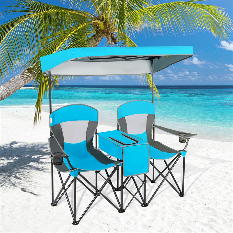 Folding Double Camping Chairs Portable Beach Chairs Lawn Chairs with Canopy Shade, Cup Holder & Carry Bag