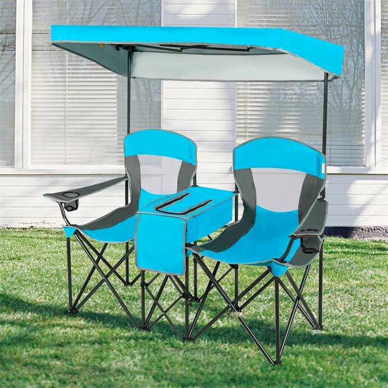 Folding Double Camping Chairs Portable Beach Chairs Lawn Chairs with Canopy Shade, Cup Holder & Carry Bag