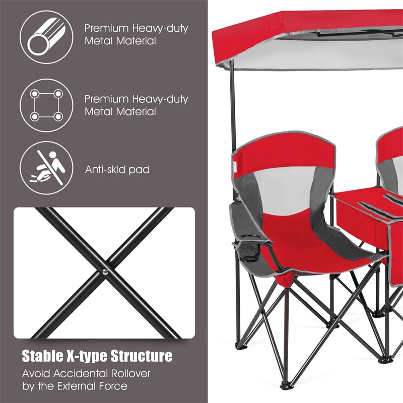 Folding Double Camping Chairs Portable Beach Chairs Lawn Chairs with Canopy Shade, Cup Holder & Carry Bag