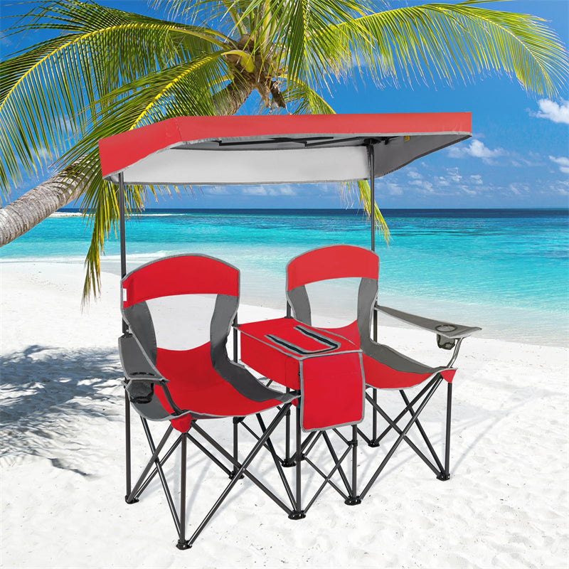 Folding Double Camping Chairs Portable Beach Chairs Lawn Chairs with Canopy Shade, Cup Holder & Carry Bag