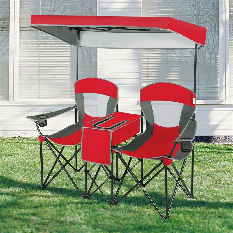 Folding Double Camping Chairs Portable Beach Chairs Lawn Chairs with Canopy Shade, Cup Holder & Carry Bag