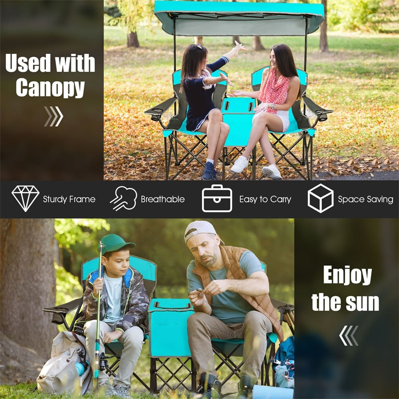 Folding Double Camping Chairs Portable Beach Chairs Lawn Chairs with Canopy Shade, Cup Holder & Carry Bag