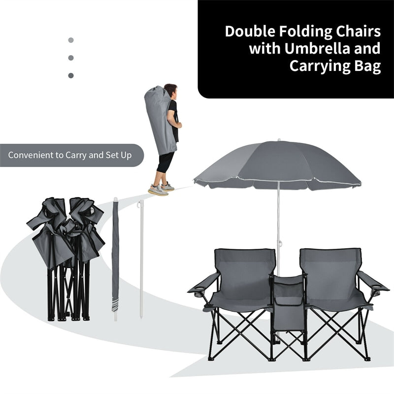 Portable Double Folding Picnic Chair with Umbrella & Mini Table