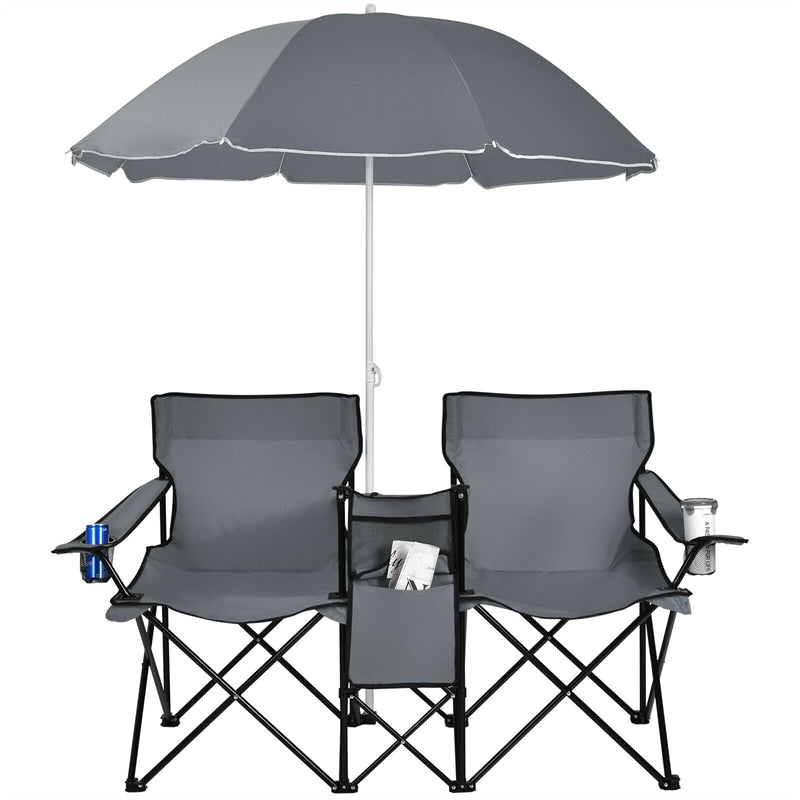 Portable Double Folding Picnic Chair with Umbrella & Mini Table