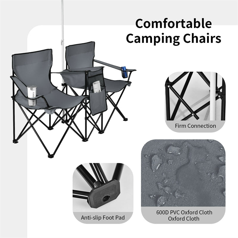 Portable Double Folding Picnic Chair with Umbrella & Mini Table