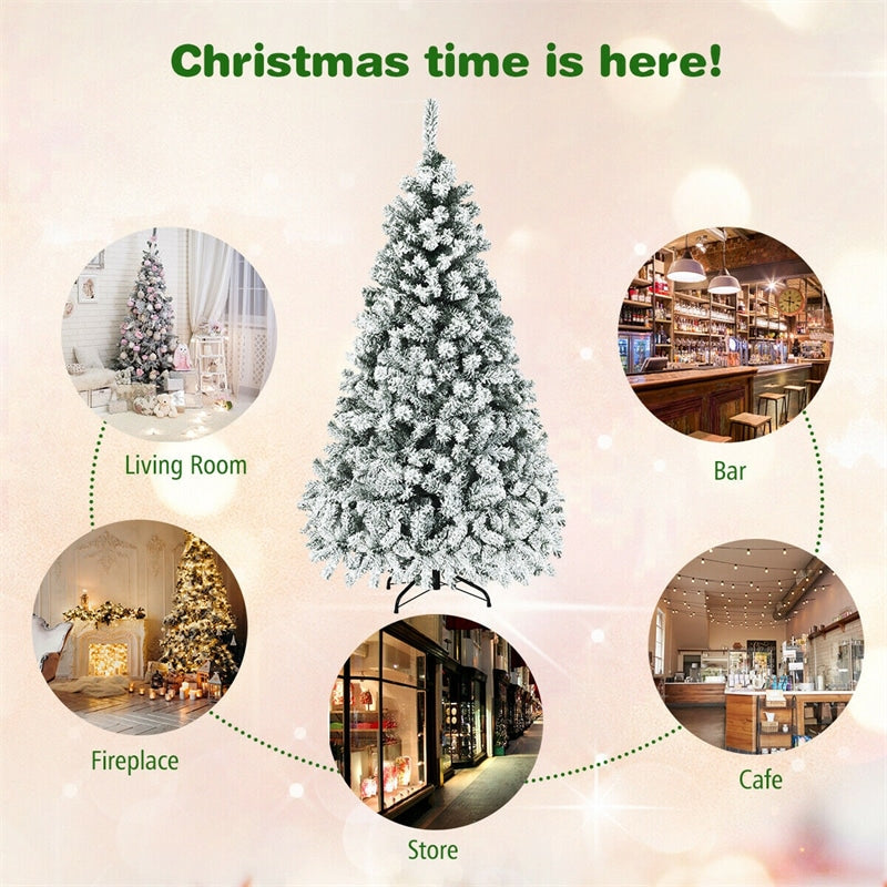 6FT Pre-Lit Snow Flocked Artificial Christmas Tree Premium Hinged Full Tree with 600 PVC Branch Tips & 250 LED Lights